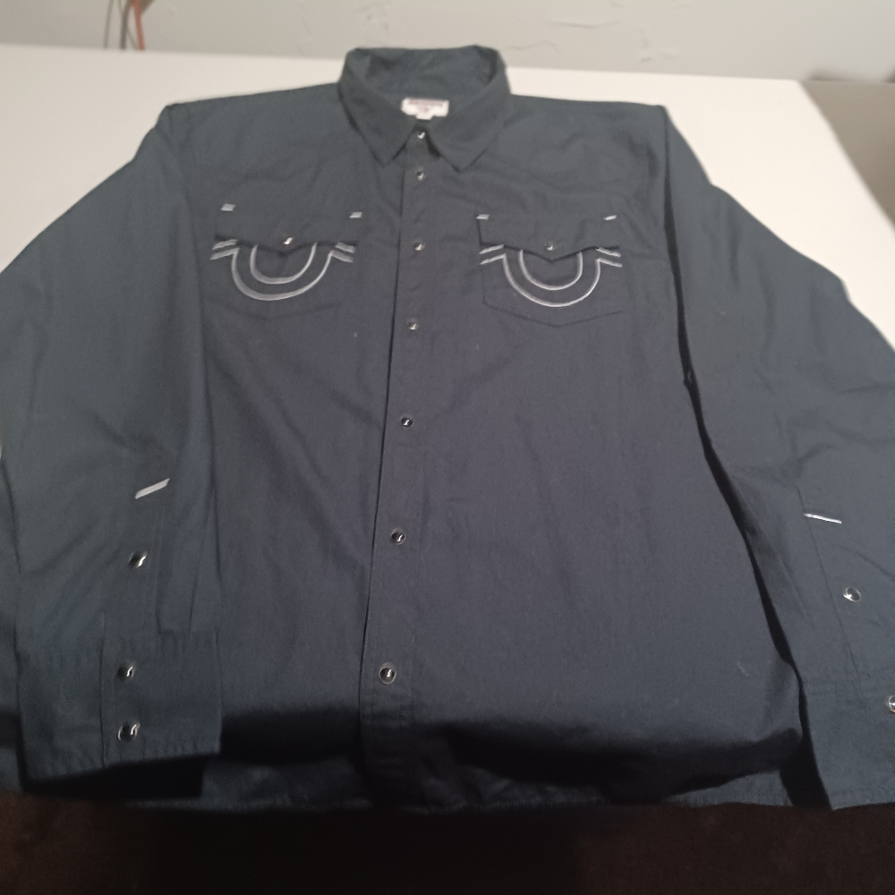 True Religion Black Button-Up Shirt with Embroidered Pockets